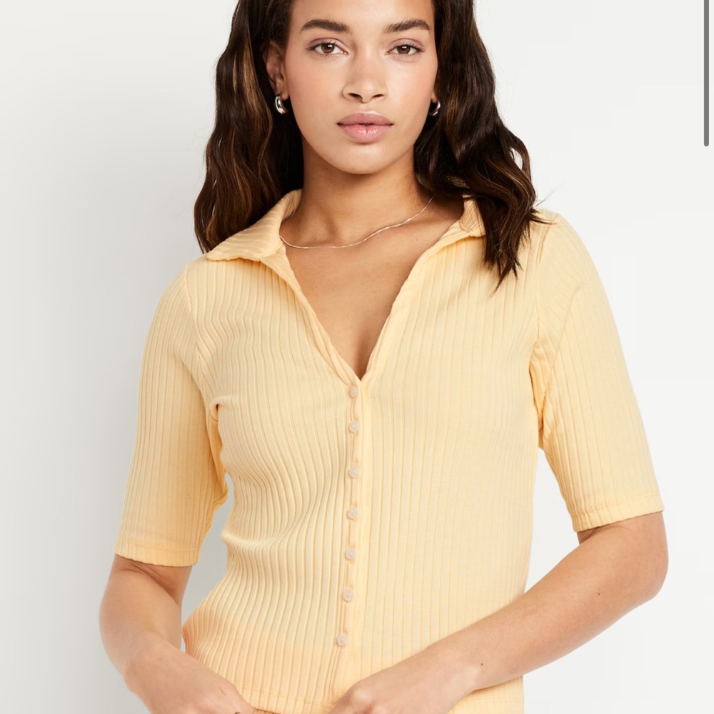Old Navy Yellow Ribbed 3/4 Sleeve Polo Top